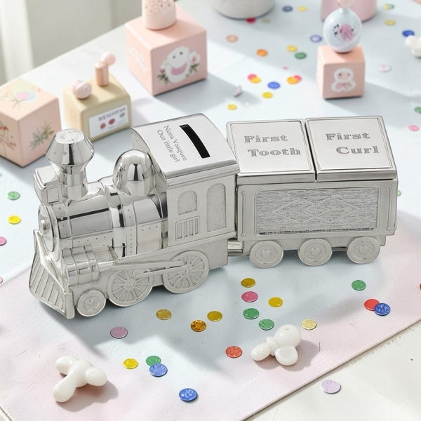 Personalised Silver Plated Train Money Box with First Tooth and Curl Carriage
