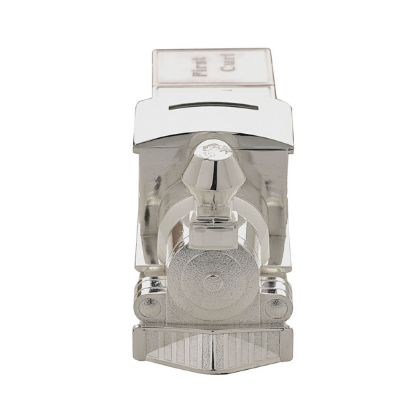 Personalised Silver Plated Train Money Box with First Tooth and Curl Carriage