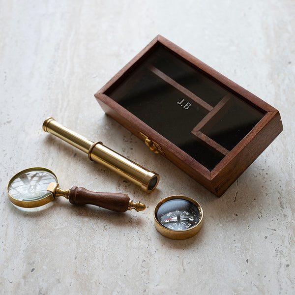 Personalised Brass Compass, Telescope and Magnifying Glass Gift Set