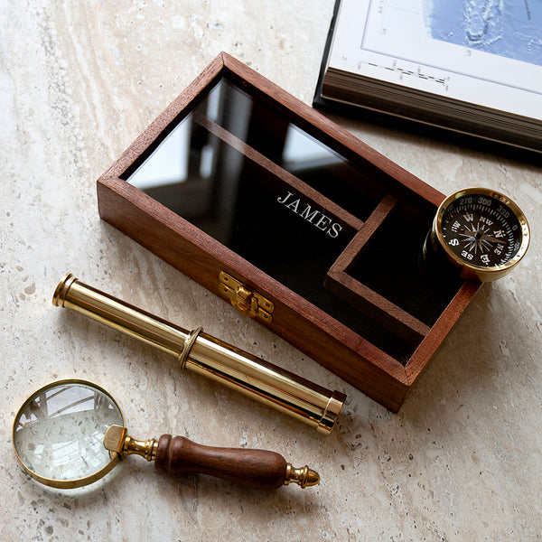 Personalised Brass Compass, Telescope and Magnifying Glass Gift Set