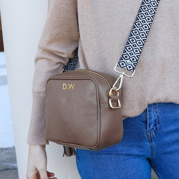Personalised Elie Beaumont Cross Body Grey Leather Bag with Choice of Strap