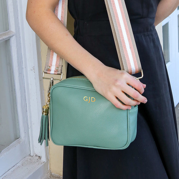 Personalised Elie Beaumont Cross Body Mint Leather Bag with Choice of Strap