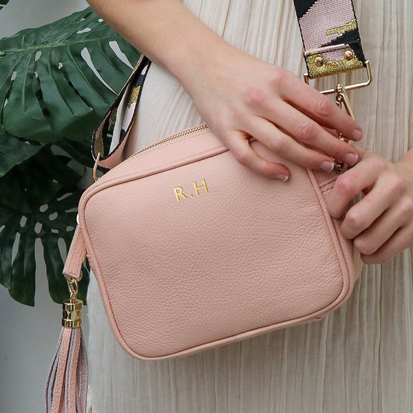 Personalised Elie Beaumont Cross Body Pink Leather Bag with Choice of Strap