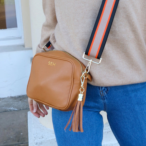 Personalised Elie Beaumont Cross Body Tan Leather Bag with Choice of Strap