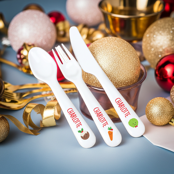 Personalised 'First Christmas Dinner' 3 Piece Plastic Cutlery Set