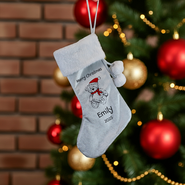 Personalised My 1st Christmas Teddy Silver Grey Stocking