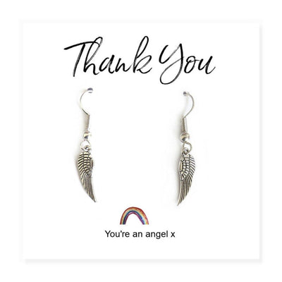 Angel Wing Silver Plated Earrings on Rainbow Thank You Card - Non Personalised - Shop Personalised Gifts