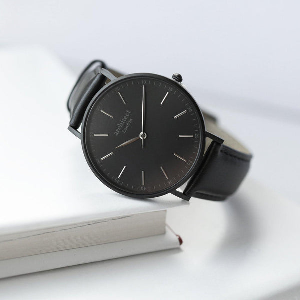 Handwriting Engraving Mens Minimalist Architect Watch Jet Black Strap - Shop Personalised Gifts