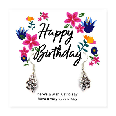 Happy Birthday Flower Silver Plated Earrings on Message Card - Non Personalised - Shop Personalised Gifts