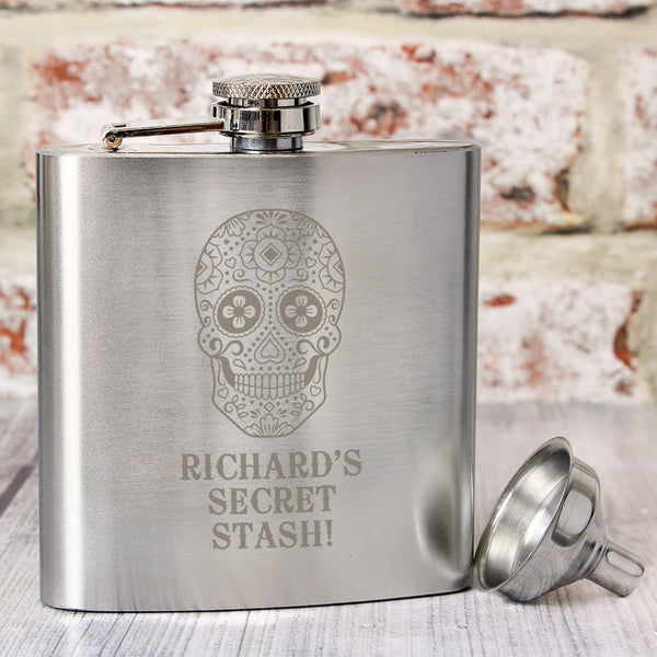 Personalised Sugar Skull Stainless Steel Hip Flask