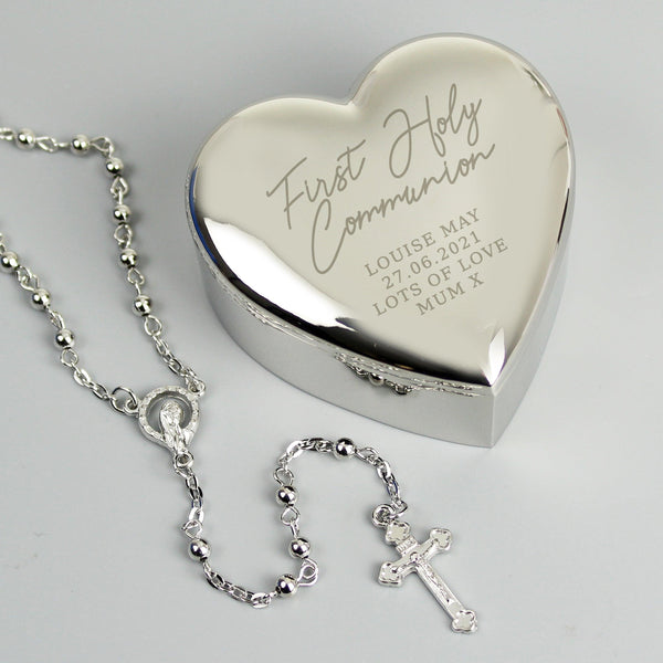 Personalised First Holy Communion Rosary Beads and Cross Heart Nickel Plated Trinket Box - Shop Personalised Gifts