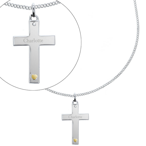 Personalised Sterling Silver Cross with 9ct Gold Heart & CZ Necklace - Shop Personalised Gifts
