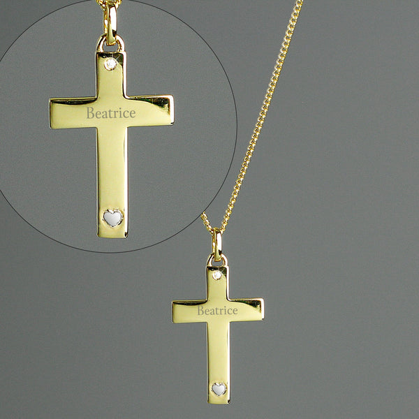 Personalised 9ct Gold Cross with Sterling Silver Heart & CZ Necklace - Shop Personalised Gifts
