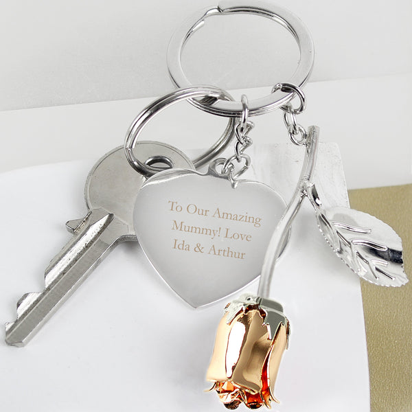 Personalised Silver Plated Rose Gold Rose Keyring - Shop Personalised Gifts