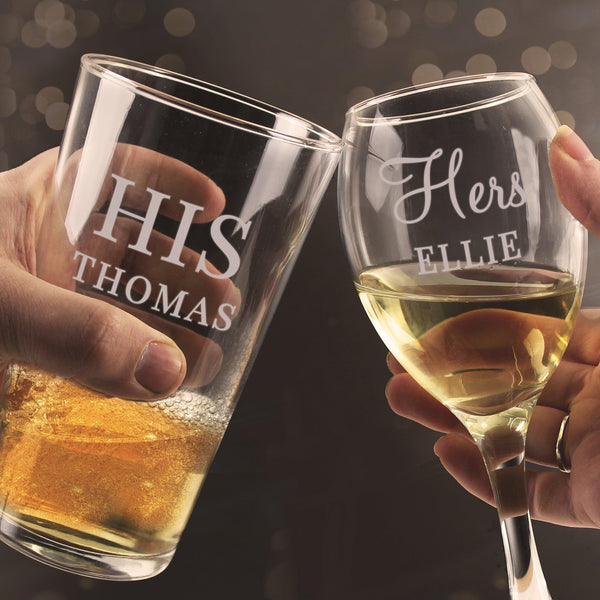 Personalised His & Her Pint and Wine Glass Set - Shop Personalised Gifts