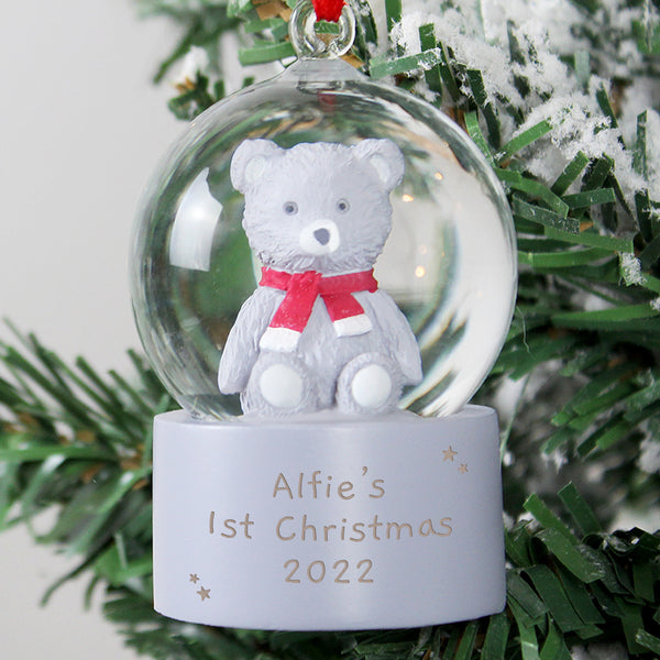 Personalised Message Teddy Bear Glitter Snow Globe Tree Hanging Decoration