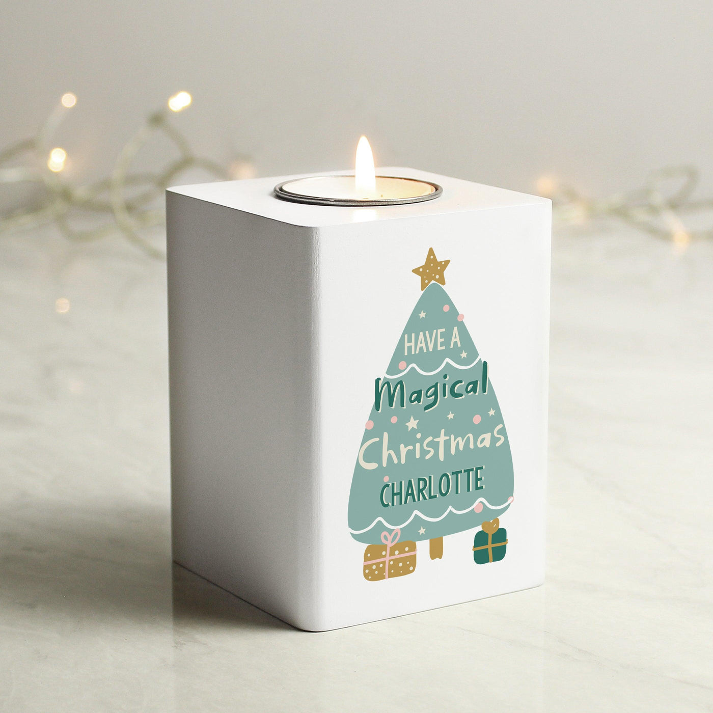Personalised Christmas Tree White Wooden Tea light Holder - Shop Personalised Gifts