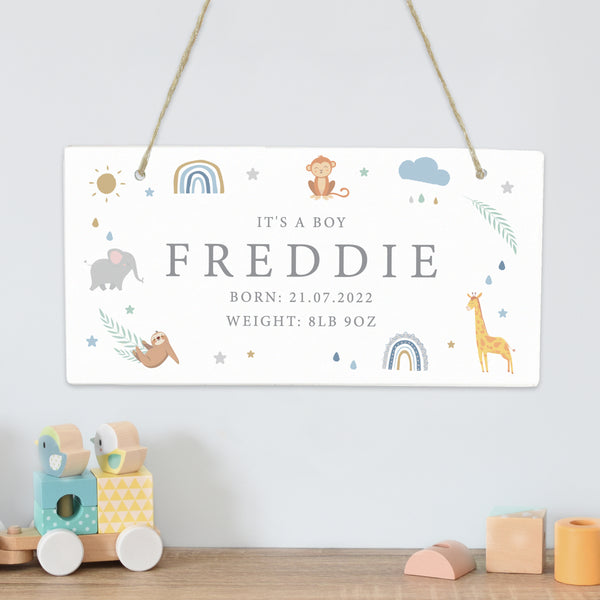 Personalised Safari Animals Wooden Sign Hanging Decoration