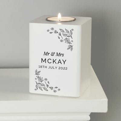 Personalised Floral Leaf White Wooden Tea Light Candle Holder - Shop Personalised Gifts