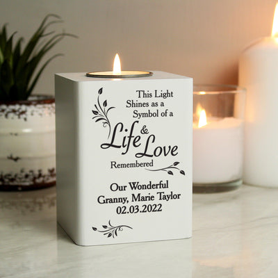 Personalised Life & Love White Wooden Tea Light Candle Holder - Shop Personalised Gifts