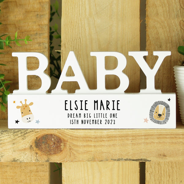 Personalised Safari Animals Wooden Baby Ornament