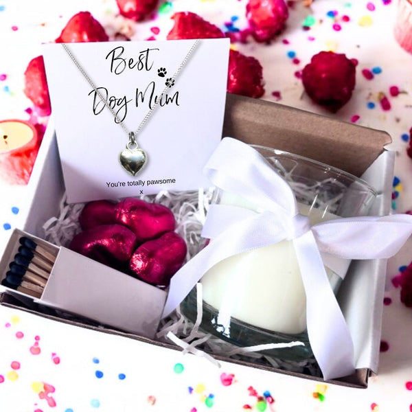 Small Best Dog Mum Gift Hamper Sterling Silver Necklace Chocs & Wax Candle