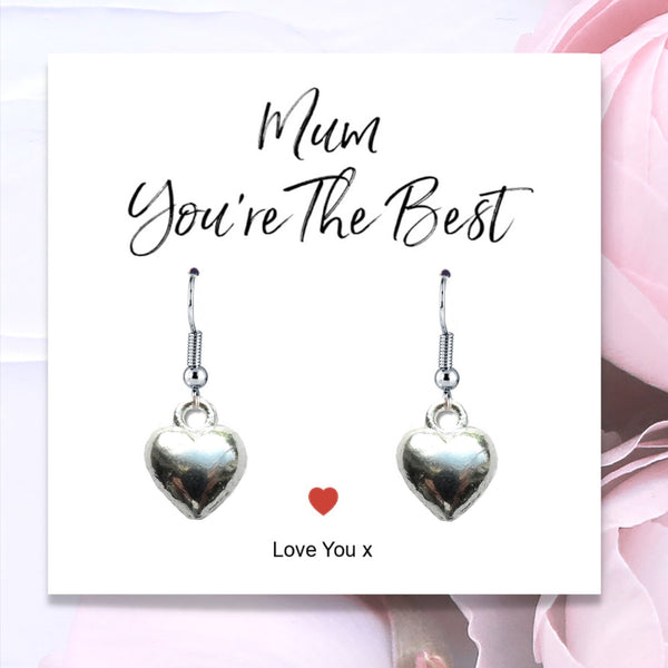 Mum You're The Best Silver Plated Heart Earrings & Gift Card