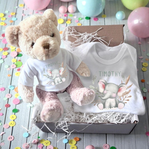 Personalised Happy Elephant Gift Hamper - Teddy & Baby Vest