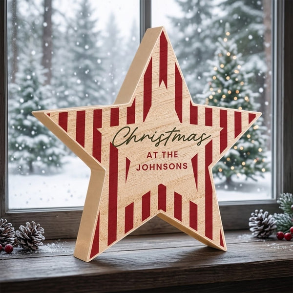 Personalised Candy Cane Stripes Wooden Star Ornament