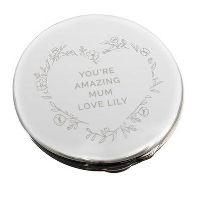 Personalised Floral Heart Compact Nickle Plated Mirror