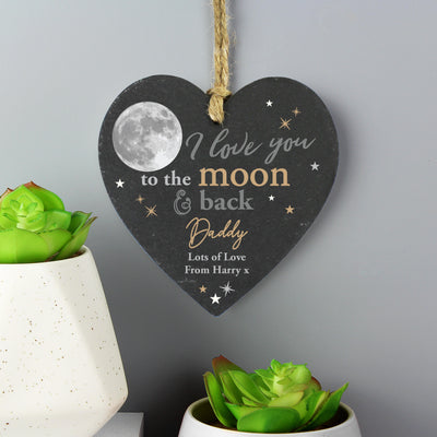 Personalised Moon and Back Slate Heart Hanging Decoration