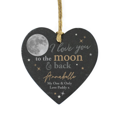 Personalised Moon and Back Slate Heart Hanging Decoration