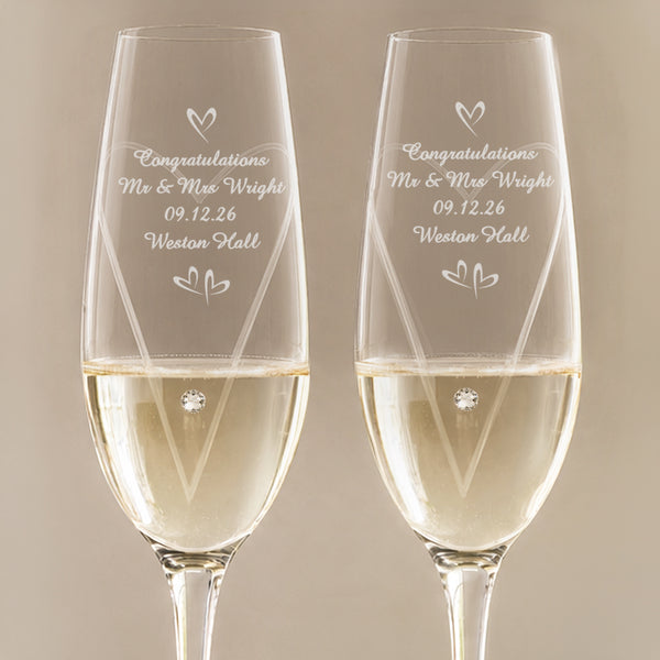 Personalised Hand Cut Little Hearts Pair of Flutes with Gift Box