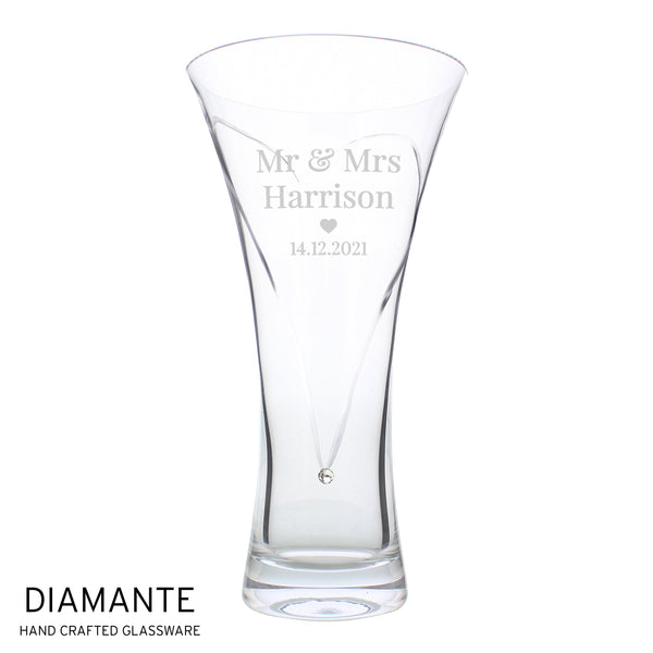 Personalised Mr & Mrs Large Hand Cut Diamante Heart Vase