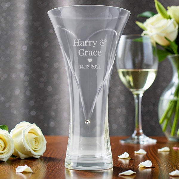 Personalised Mr & Mrs Large Hand Cut Diamante Heart Vase
