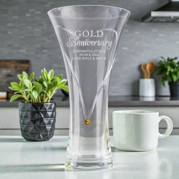Personalised Gold Anniversary Large Hand Cut Diamante Heart Vase