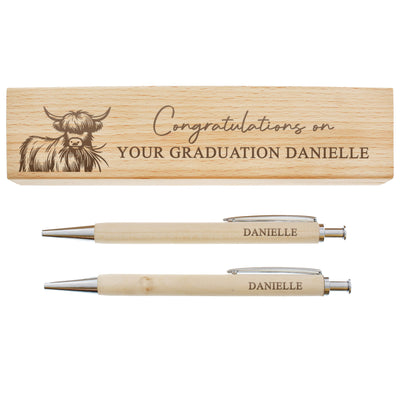 Personalised Highland Cow Wooden Pen & Pencil Set