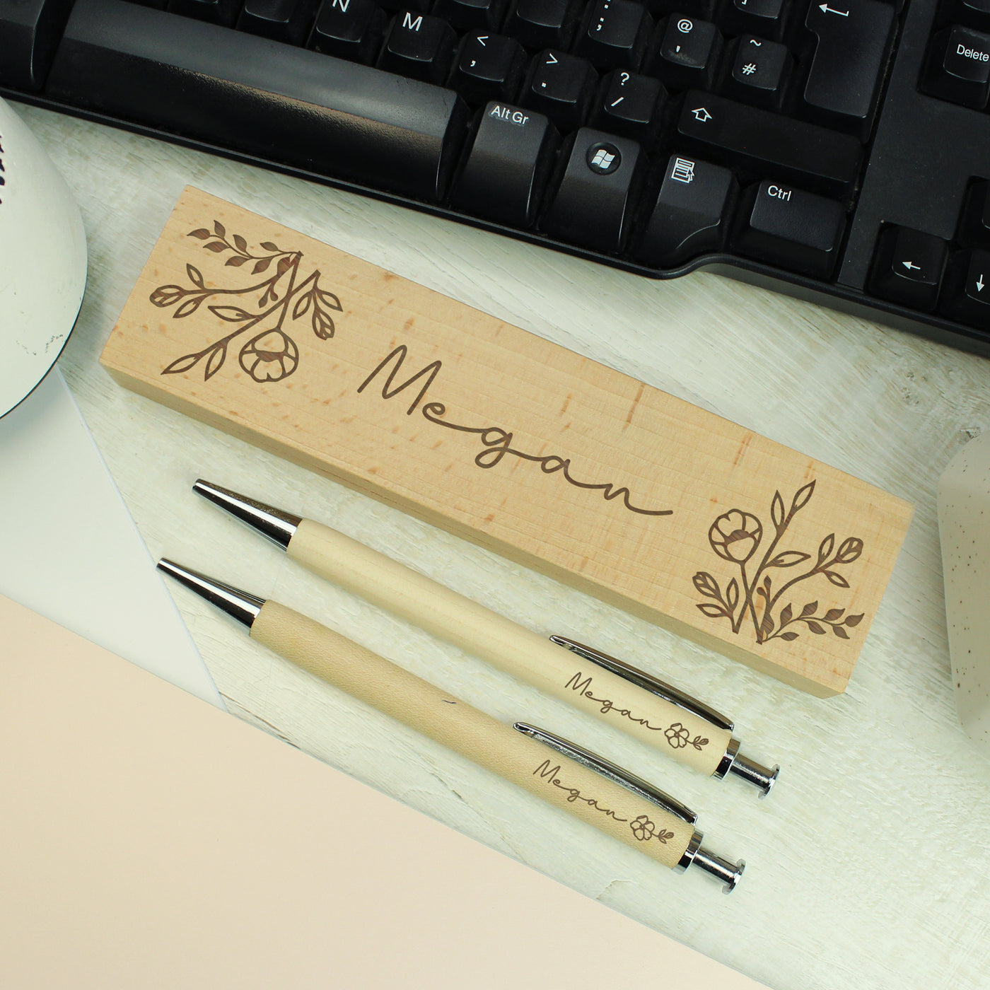 Personalised Floral Wooden Pen and Pencil Set