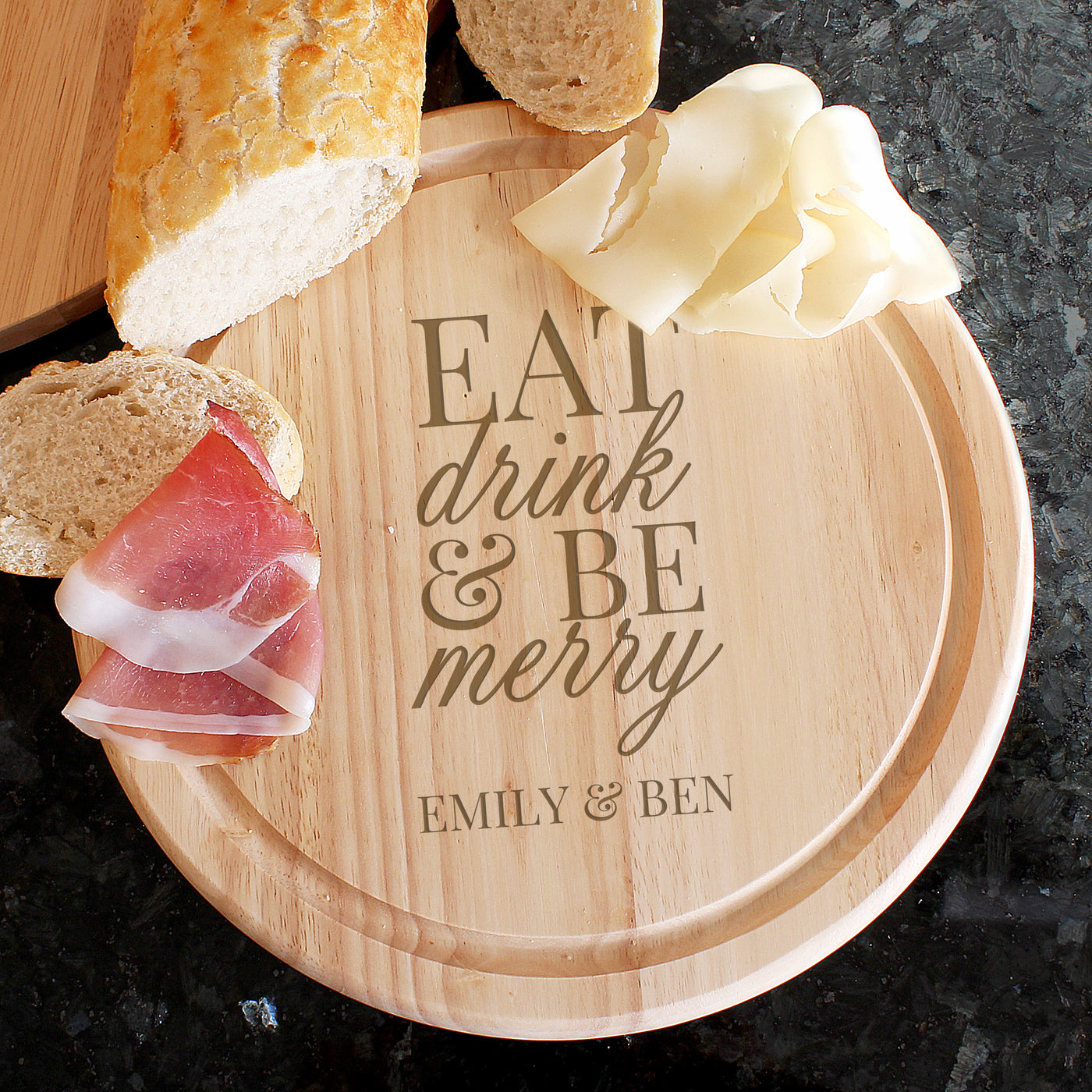 Personalised Eat Drink & Be Merry Round Chopping Board