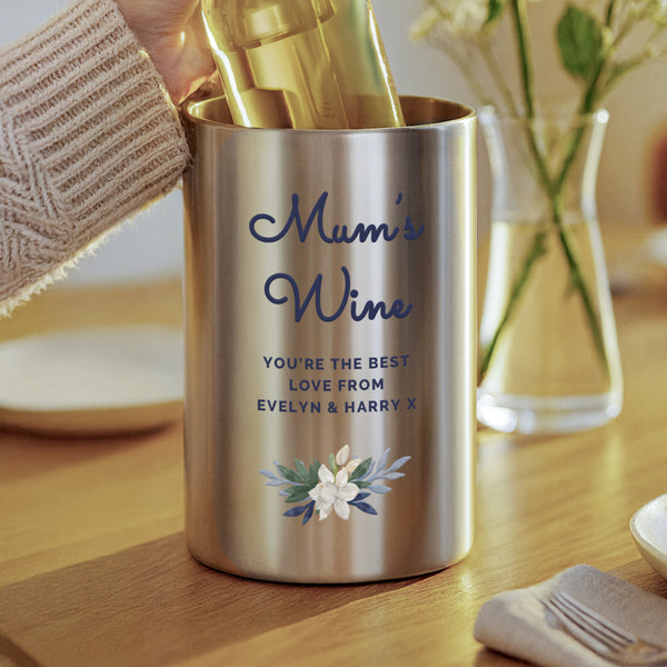 Personalised Blue Floral Brushed Stainless Steel Wine Cooler