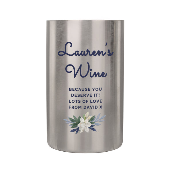 Personalised Blue Floral Brushed Stainless Steel Wine Cooler