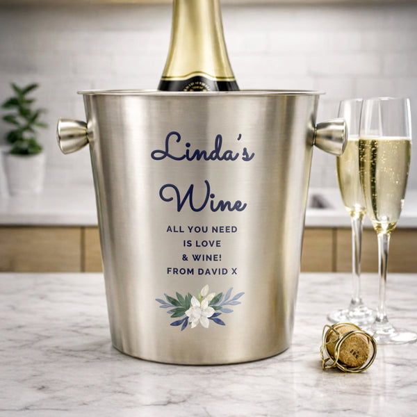 Personalised Blue Floral Brushed Stainless Steel Ice Bucket