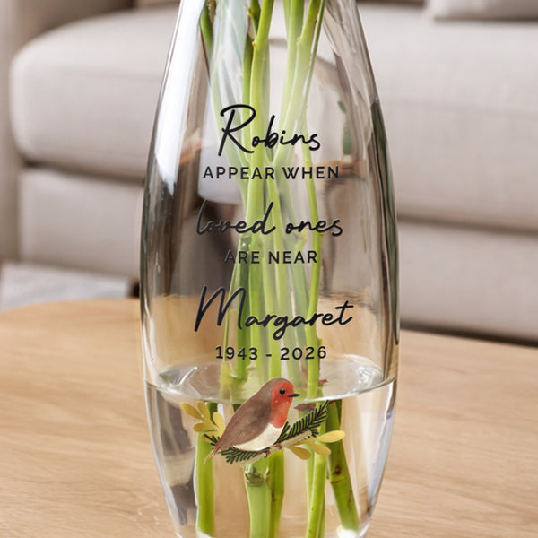 Personalised Robins Appear Bullet Glass Vase