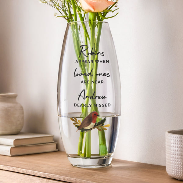 Personalised Robins Appear Bullet Glass Vase