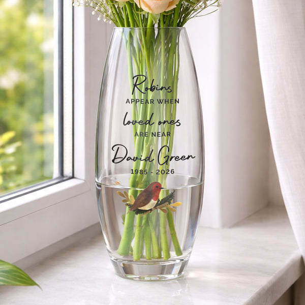 Personalised Robins Appear Bullet Glass Vase