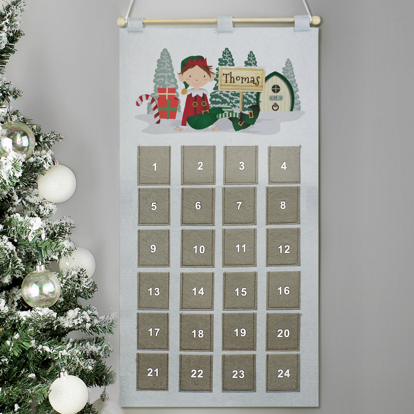 Personalised Felt Elf Advent Calendar In Silver Grey