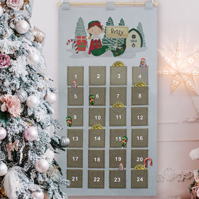 Personalised Felt Elf Advent Calendar In Silver Grey