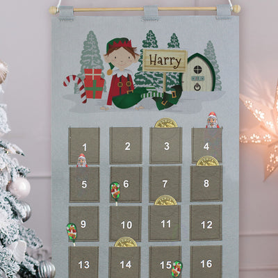 Personalised Felt Elf Advent Calendar In Silver Grey