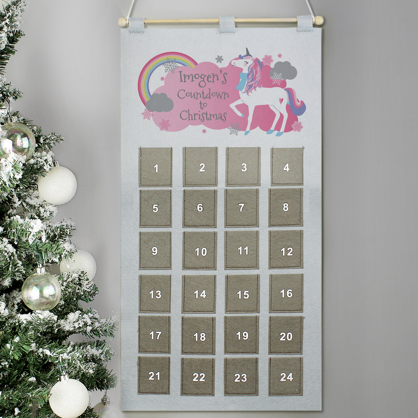 Personalised Unicorn Advent Calendar In Silver Grey