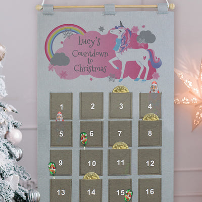 Personalised Unicorn Advent Calendar In Silver Grey